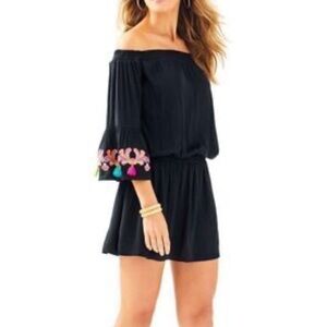 Lilly Pulitzer Black Off-Shoulder Dress with Multicolor Embroidery